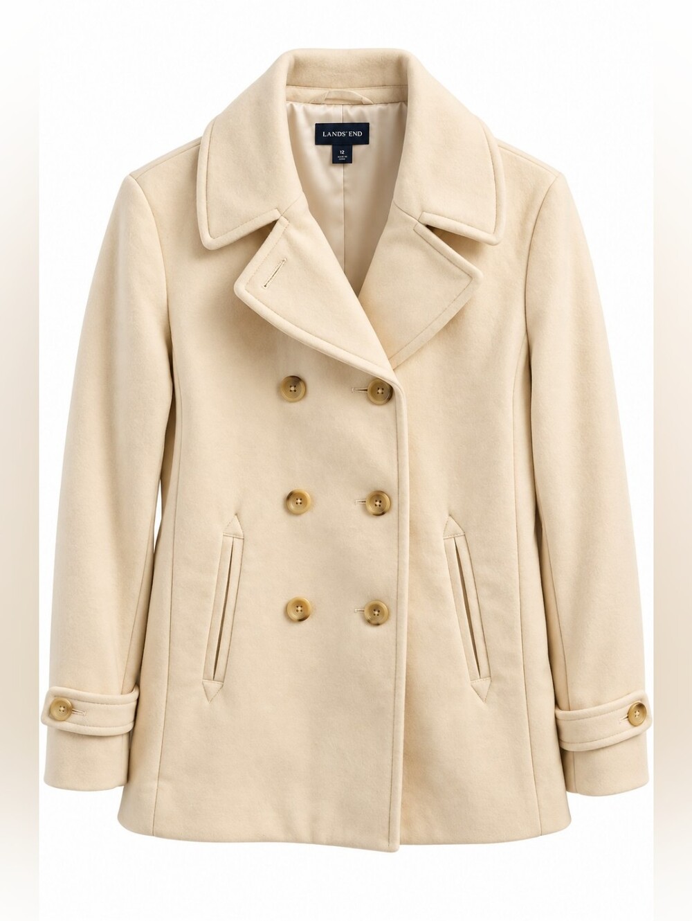 Lands' End Cream 80% Wool Double Breasted Peacoat, 12, Coastal, Prep, Heritage